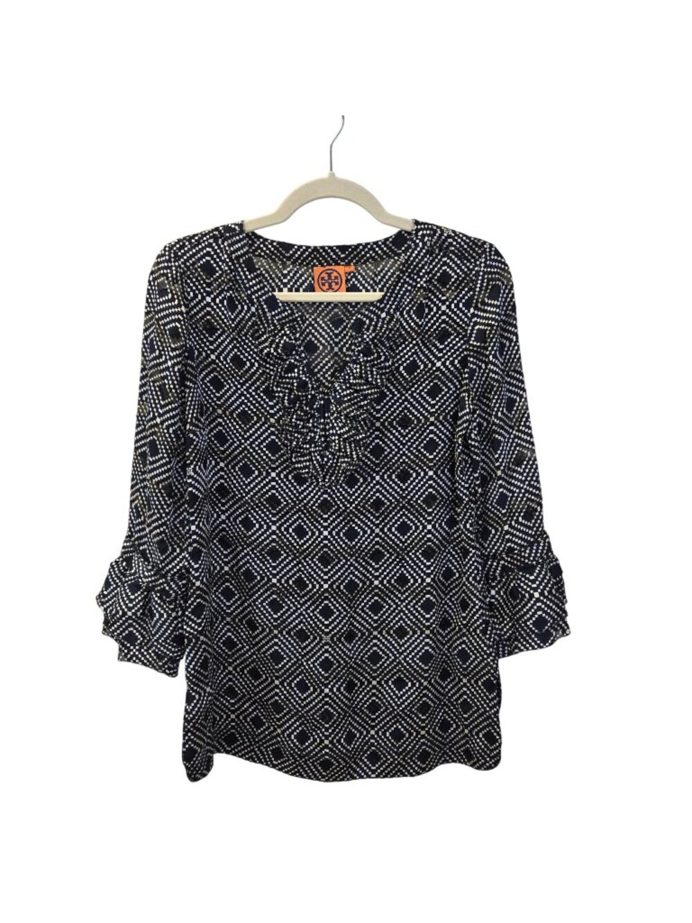 Tory Burch Gwenna Silk Blend Normandy Blue Print Tunic Blouse Size 2